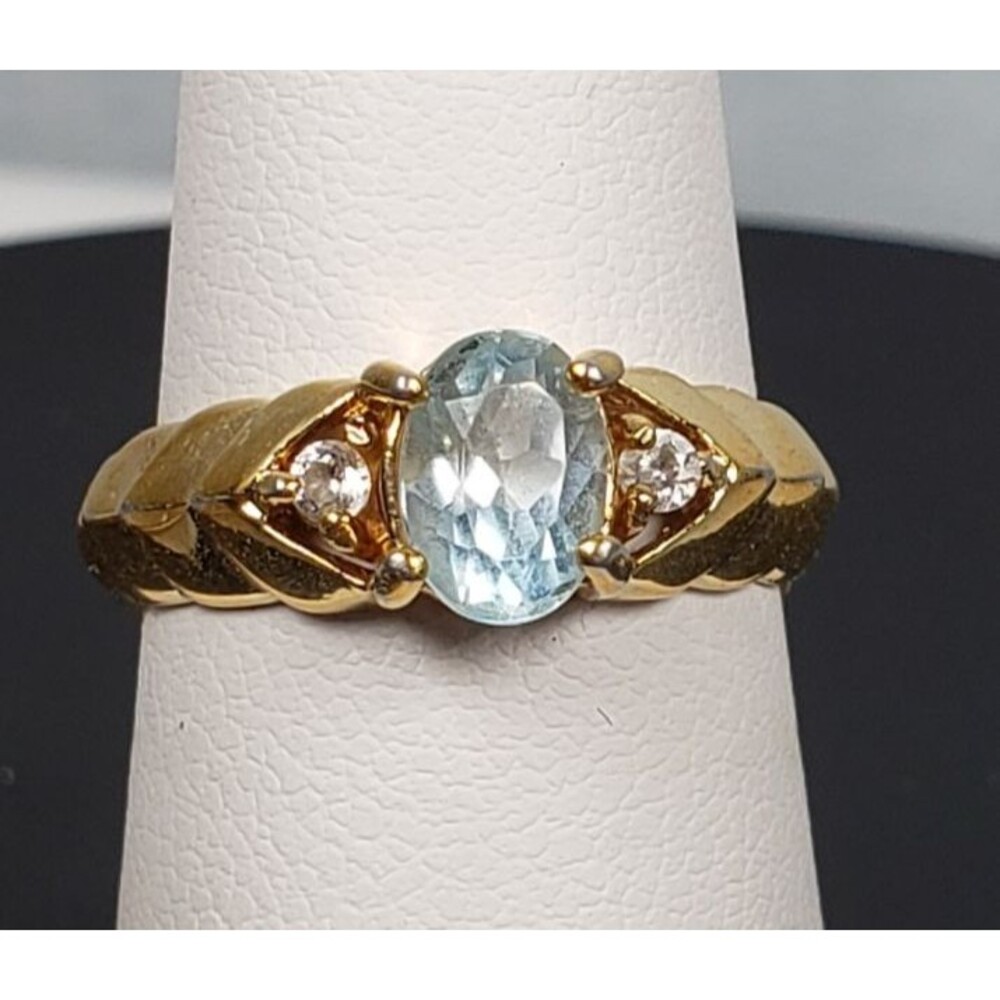 Designed 18k Gold Plated Stainless Steel Light Blue Topaz and CZ Ring Size 5